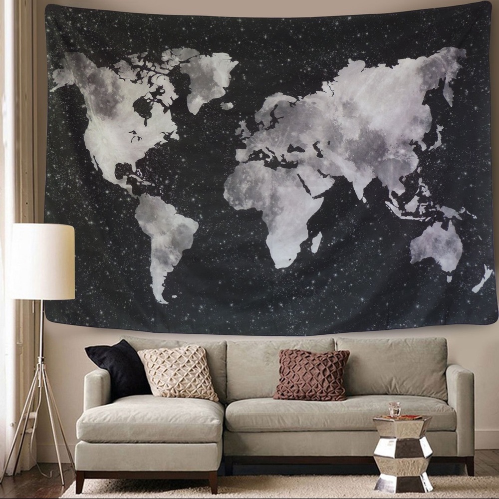 Black world map tapestry
